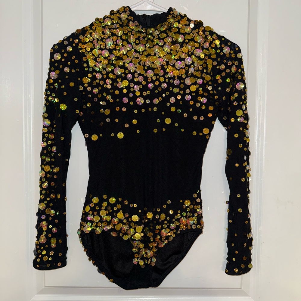Glamour Dance Costume Black and Gold Sequin Bodysuit Child X-Large
